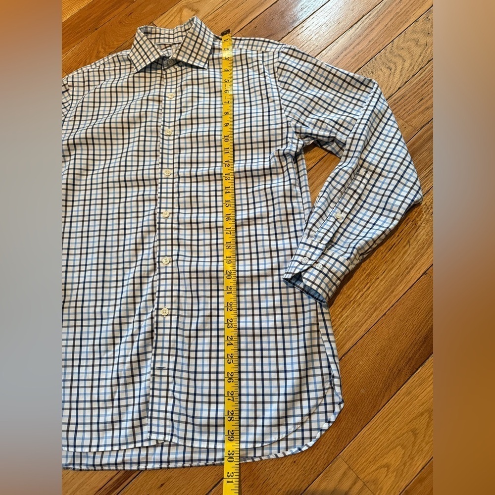 Peter Millar Nanoluxe Easy Care Shirt Blue/White/Brown Check Men Sz M 15.5 Reg - Picture 11 of 12